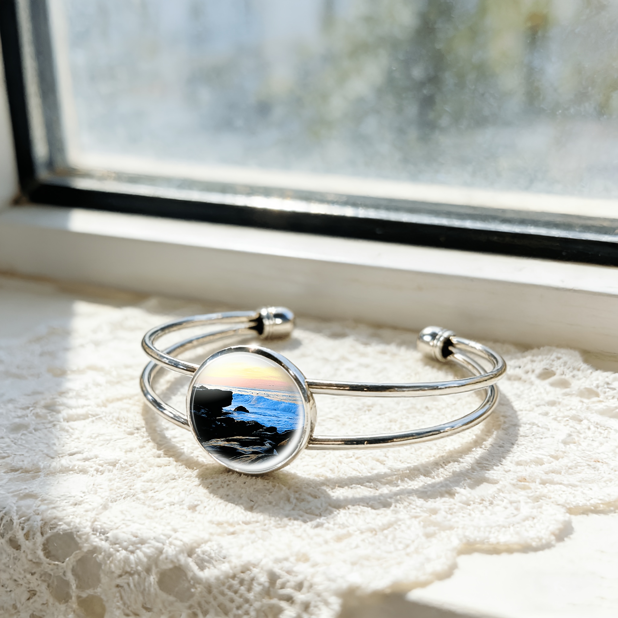 Women's Adjustable Open Bangle with Round Time Gemstone Inlay, Beach Sunset Design